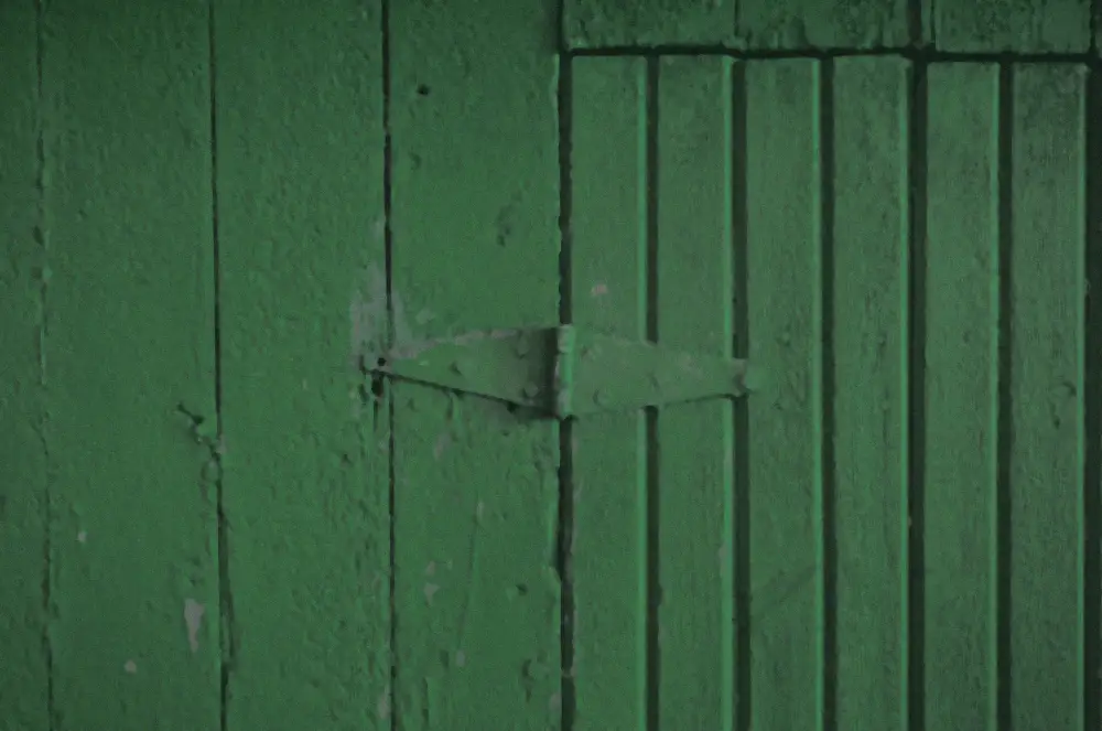 After: the same door repainted a deep spruce green with a clean finish