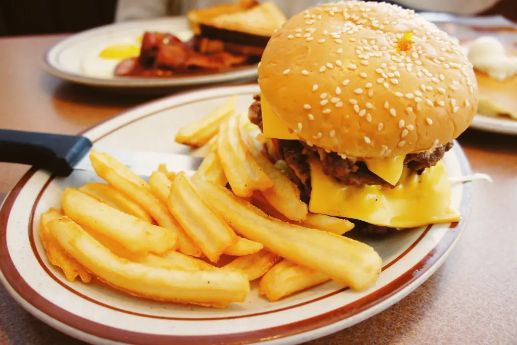 A cheeseburger and a pile of fries on a red-rimmed diner plate