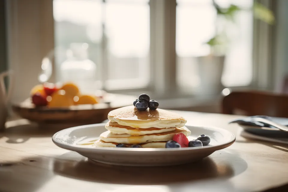 A short stack of blueberry pancakes on a diner plate by a sunny window