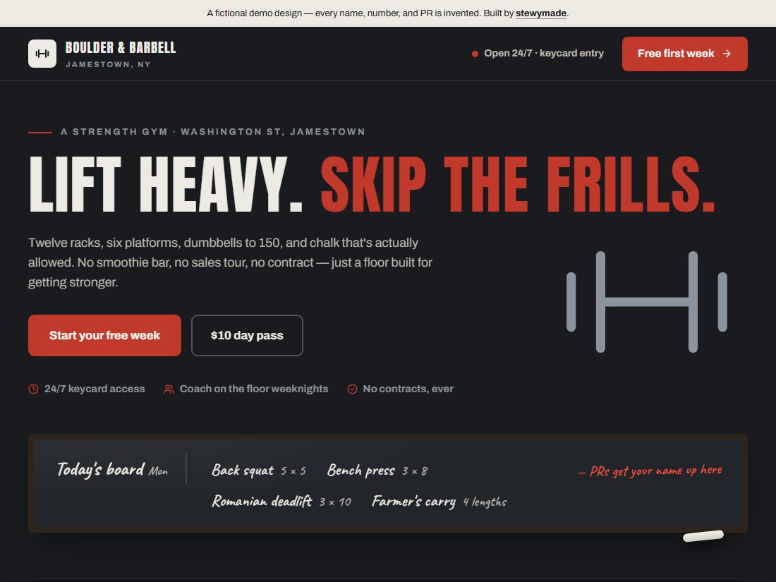 Homepage design for Boulder and Barbell, a demo website for a Jamestown strength gym